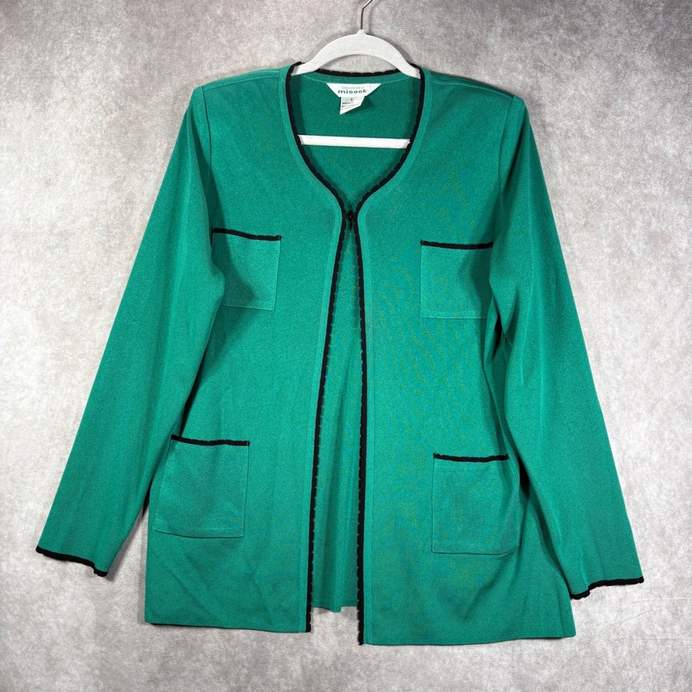 Misook Knit Cardigan Women L Green Open Front Scalloped Trim Quiet Luxury Career